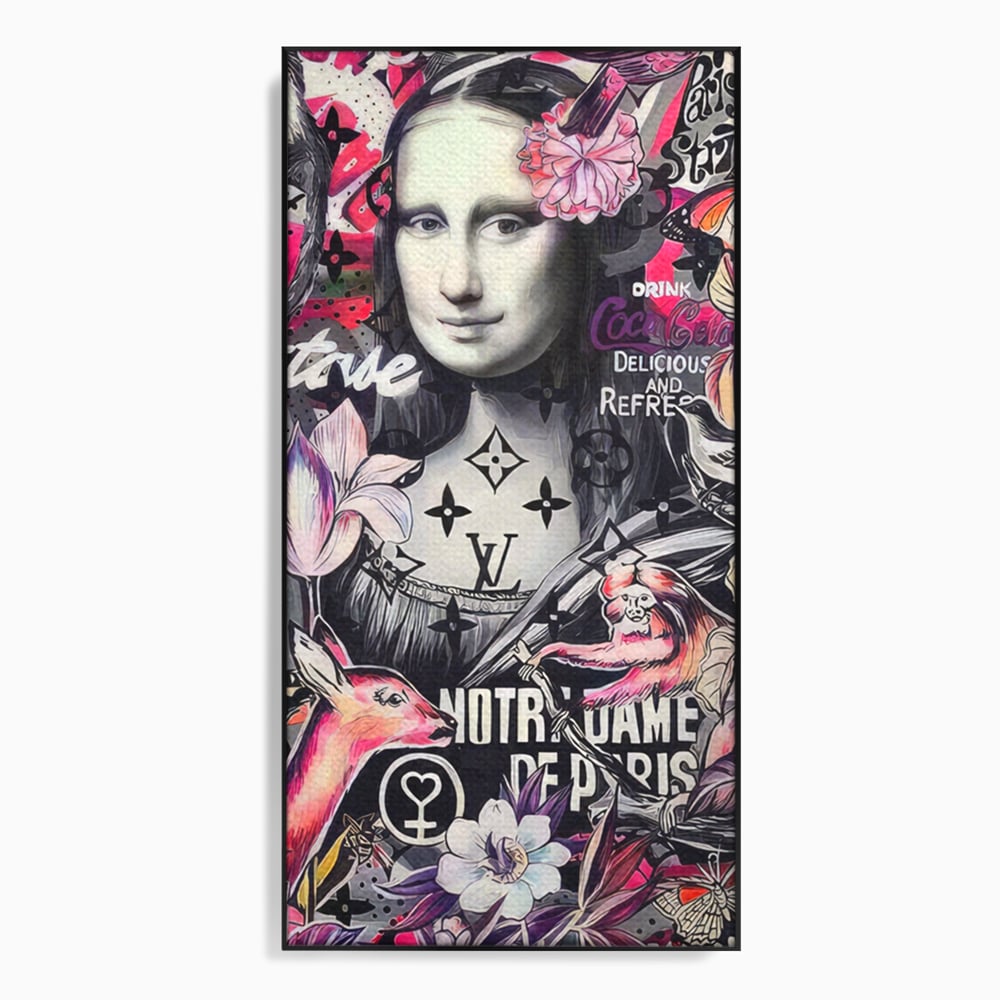 Tablou canvas cu tablou canvas cu mona lisa graffiti, in rama de aluminiu negru